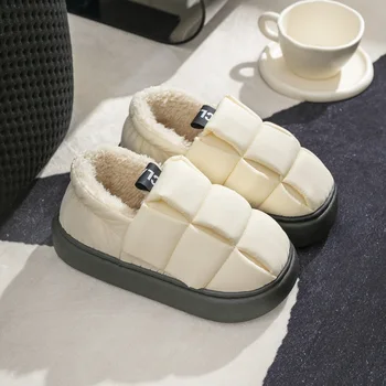 2024 Зимни Дамски чехли за Мъже водоустойчиви топли улични чехли с клетчатым модел, нескользящая домашни обувки за помещения, Дебел плюшен обувки