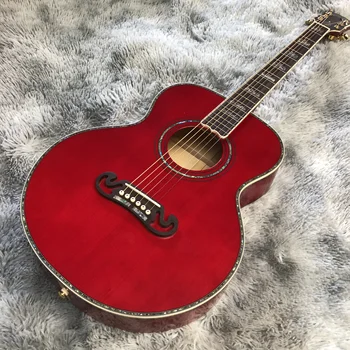 38-инчов акустична китара от масивно дърво, полиран червен лак, вградени морски уши