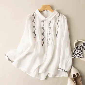Блуза със свободен подолом, Реколта ежедневни Дамски есенна риза в стил Ol с ревери с бродерия, Дълъг ръкав, однобортные копчета