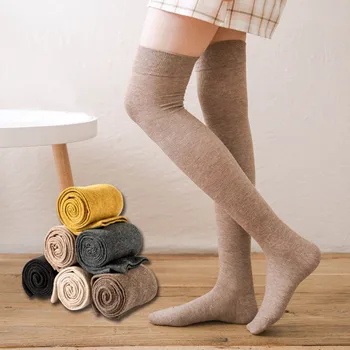 Дамски Дълги Чорапи До коляното В Корейския Однотонном Топъл Зимен Японски Стил, Вълнени Чорапогащи Над Коляното За Момичета, Хавлиени Чорапи Harajuku