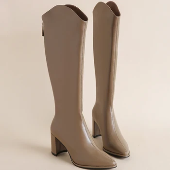 Модни дамски бежови Дълги ботуши с цип с дебелина 8 см по-висок ток с остър пръсти, зимни топли кожени ботуши до коляното, Обувки големи размери 34-43