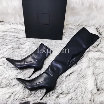 Нови дамски Класически черни ботуши от волска кожа, велур, Модерен Секси Къса обувки на тънък ток, с остри пръсти, дамски ботуши над коляното с цип