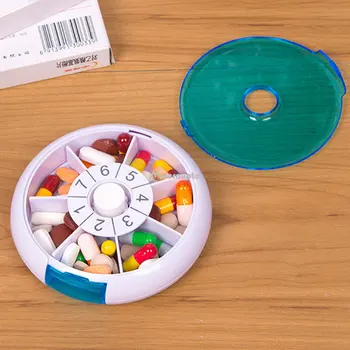 Преносима кутия за хапчета, Седмични въртящи се точка син цвят, носете мини-кутии за лекарства, Немската пътна кутия за хапчета