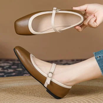 Пролет 2024, дамски обувки на равна подметка, Модни обувки с квадратни пръсти, дамски Елегантни обувки Mary Jane, на равна подметка, Улични обувки-лодка за балетни обувки с мека подметка