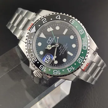 40-миллиметровые автоматично сребристи луксозни мъжки часовници с лявата ръка, механизъм NH34, Керамични bezel, водоустойчив ръчен часовник, син сапфир корпус GMT