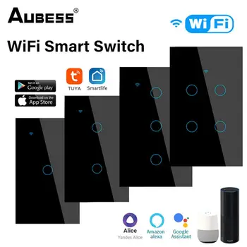 Aubess WiFi US Smart Switch Нужда от Неутрален Проводник 1/2/3/4 Банда Ключа за лампата на Hristo Smart Life App Control Поддръжка Алекса Google Home