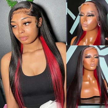 FANXITION Черен Вътрешен червена Дълга права синтетични перука на съвсем малък отпред Тенденция на перуки на съвсем малък отпред вътрешно цветове за ежедневието черни жени