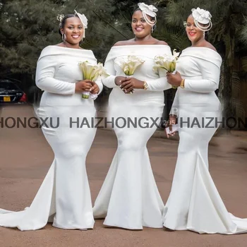 Бели рокли на шаферките с дълги ръкави и отворени рамене, женски сватбена рокля на шаферка голям размер