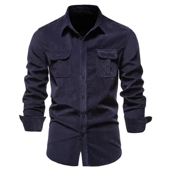 Вельветовые памучни ризи, мъжки модни ежедневни блузи с ревери, обикновена приталенные блузи, пролет-есен облекло, качествена тениска за мъже 3XL