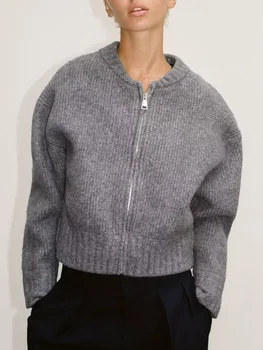Вязаное палто-жилетка ТРАФИКА с цип за жени 2023, Есенни женски случайни просто обикновен пуловер с кръгло деколте и дълъг ръкав, потници