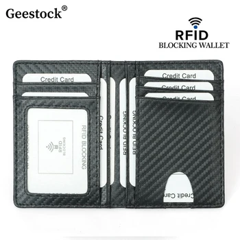 Държач за карти Geestock Rfid от въглеродни влакна, за мъже, тънък защитен калъф за шофьорска книжка, кожен портфейл с цип за монети, чантата с няколко карти