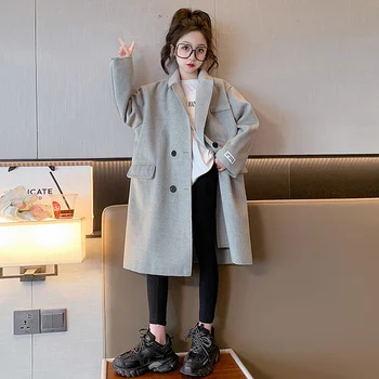 Елегантна смес от вълна за деца на Улицата дрехи реколта якета за момичета Свободни есенно-зимни палта Вълна палто Корейски деца