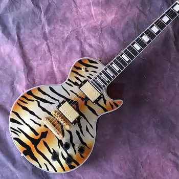 Електрическа китара LP с изображение на тигър, златна продукт, корпус от дърво, цвят на праскова, частици сребърен прах, 22 рамки, доставени бързо