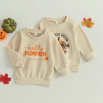 Качулки за малки момичета и момчета, облекло за Хелоуин с писмото принтом под формата на тиква, кръгъл отвор, пуловери с дълги ръкави, есенни блузи