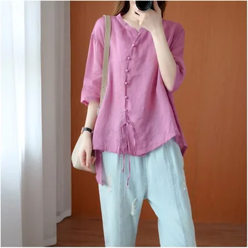 Китайската женска блуза в стил ретро, традиционна реколта риза, с коса, Летни памучни ориенталски дамски блузи с яка-часова Рокли 12006