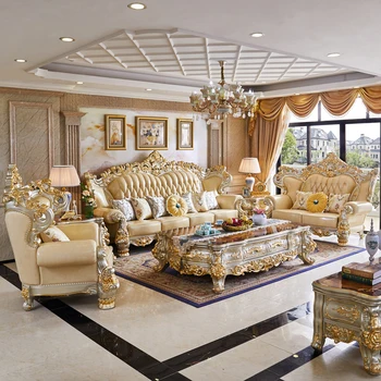 Кожен диван в европейски стил, хол на вилата, 124 комбинация от лукс, дърворезба, голям разтегателен висок клас