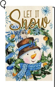 Нека вали сняг Флаг Зимна градина Двупосочен Коледен Син Сладък Снежен човек Снежинка Perfekt-флаг от зебло 12x18 инча Коледа