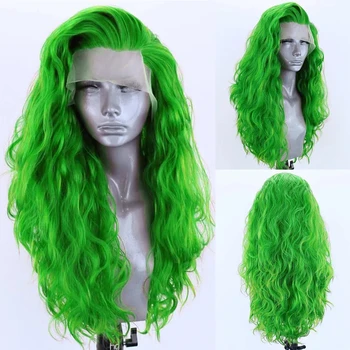 Перука дантела отпред зелена вълна на вода Синтетични косми Женски перуки Предварително выщипанный вълнообразни перука дантела отпред