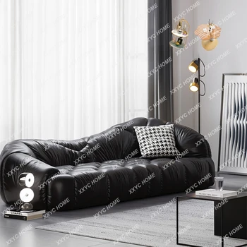 Прост диван за хол от естествена кожа, тройна черно разтегателен диван в формата на мързелив секс в ретро стил