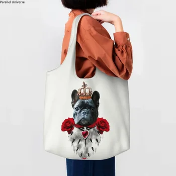 Холщовые чанти за пазаруване French Bulldog Гепи King, женски здрави чанти за храни с голям капацитет, забавни чанти за пазаруване с животни, малки кученца, чанти-тоут, чанта