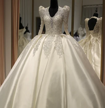 Шарън Каза, Елегантна сватбена рокля с V-образно деколте и дълги ръкави, бални рокли с дантели и кристали, Луксозни Арабски рокля на булката от Дубай RS024